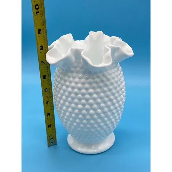 Vintage Fenton White Hobnail Milk Glass Double Crimped Vase 8" tall - Picture 3 of 5